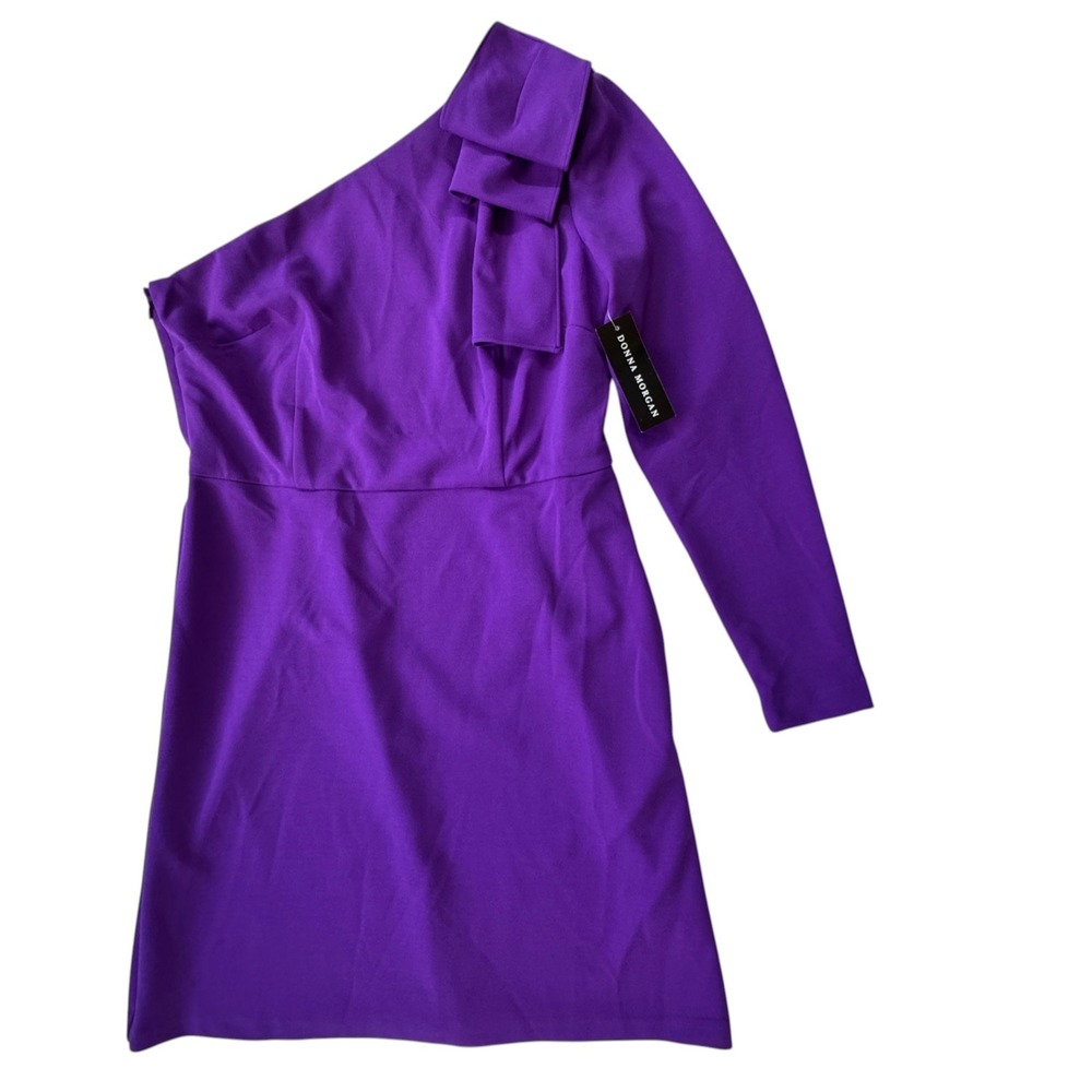 Donna Morgan One Shoulder Bow Cocktail Dress Purple Womens 12 NWT Long Sleeve